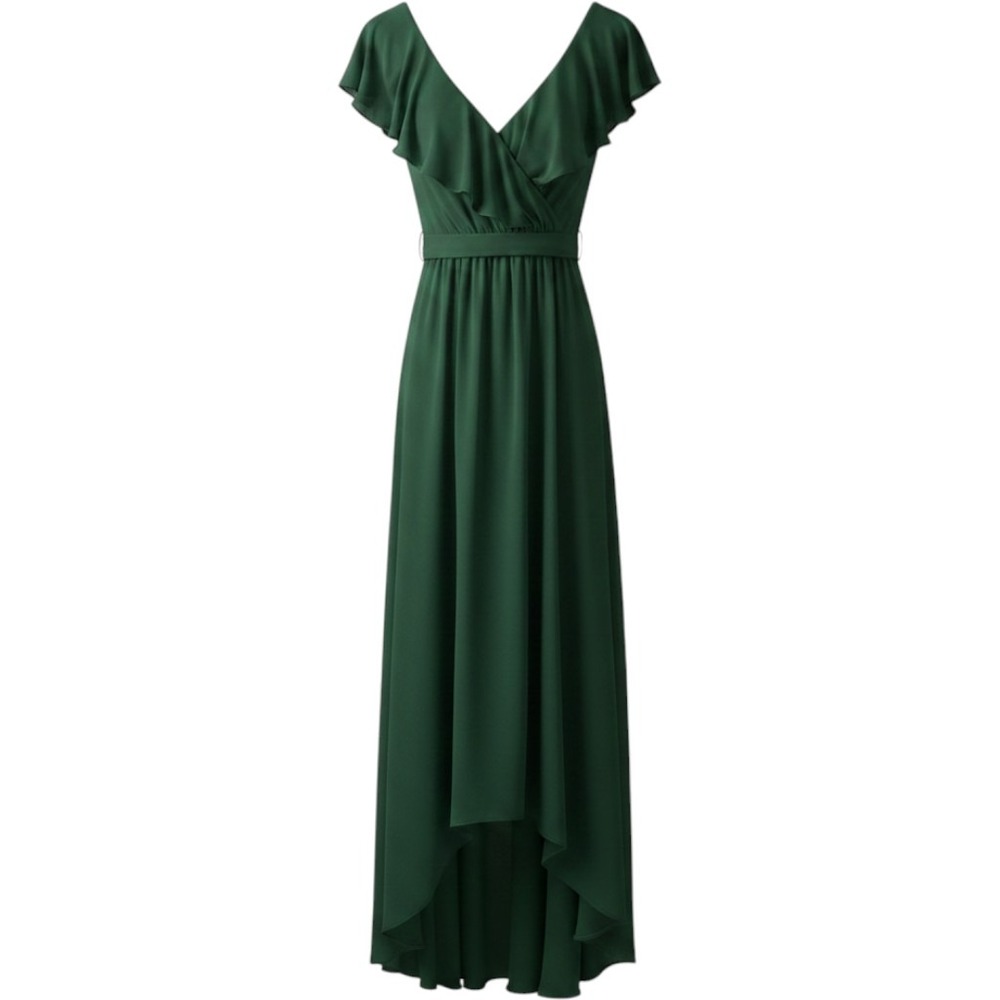 Baltic Born Katya Ruffle Maxi Dress Forest Green Chiffon V-Neck Wrap Gown‎ XS